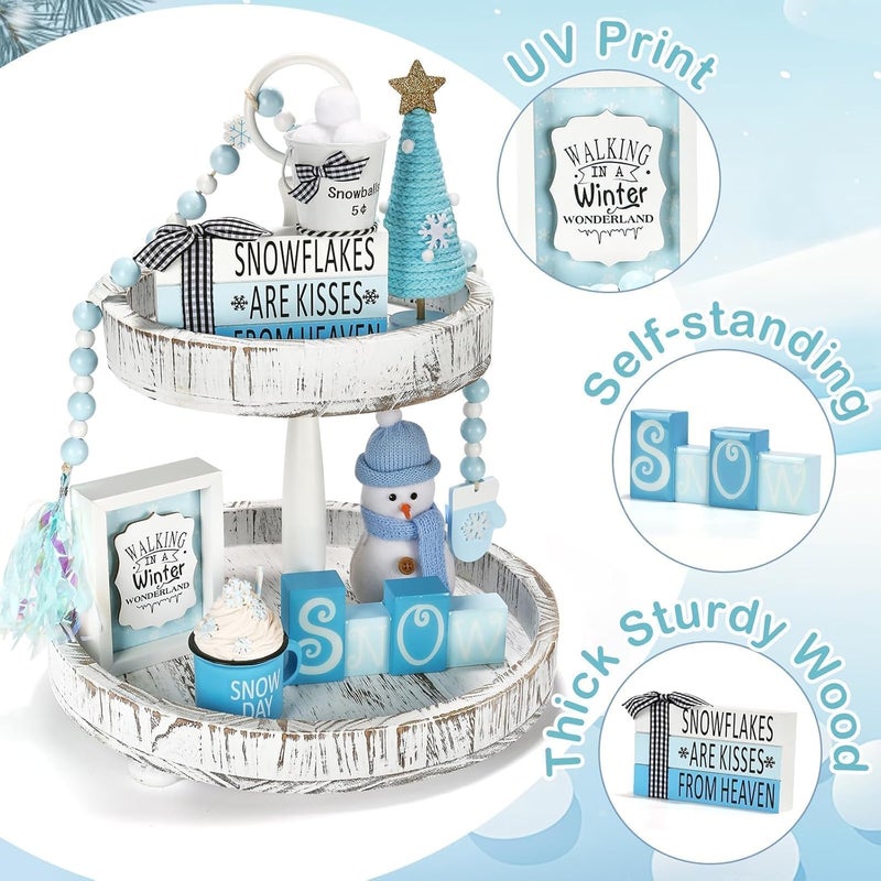 SYNCVIBE Winter Decoration for Home 8 PCS Tiered Tray Decor Set, Cute Christmas Blue Winter Wonderland Decor for Home Tray Shelf Fireplace Mantel Office Desk Indoor Snowman New Year Holiday Decorations Set - Image 3